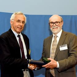 Dr Nigel Woodcock receiving the Dewey Medal at the Geological Society's 2019 President's Day.